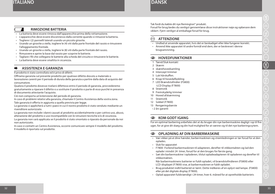 Italiano dansk | Remington F7800 User Manual | Page 17 / 60