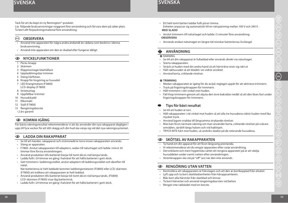 Svenska | Remington F7800 User Manual | Page 20 / 60