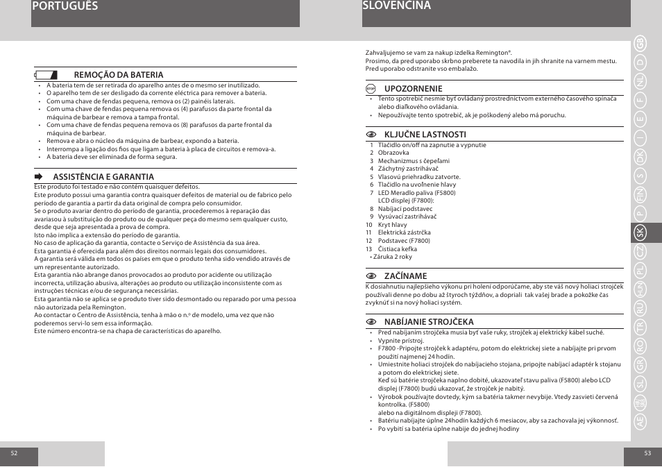 Português, Slovenčina | Remington F7800 User Manual | Page 27 / 60