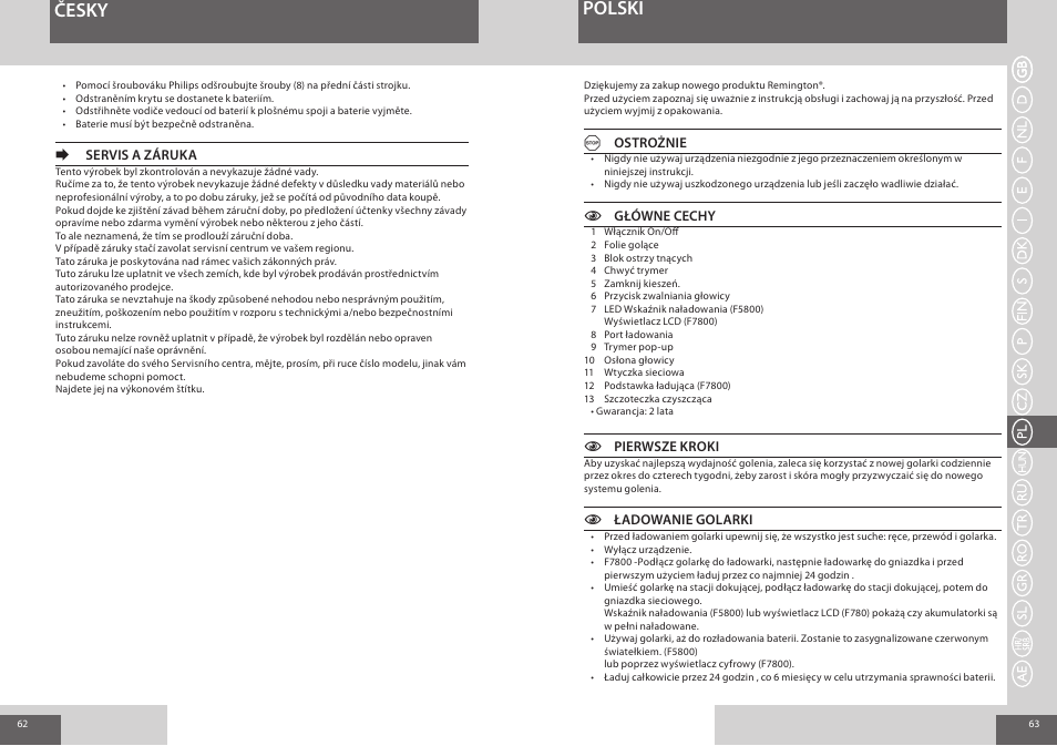 Česky, Polski | Remington F7800 User Manual | Page 32 / 60