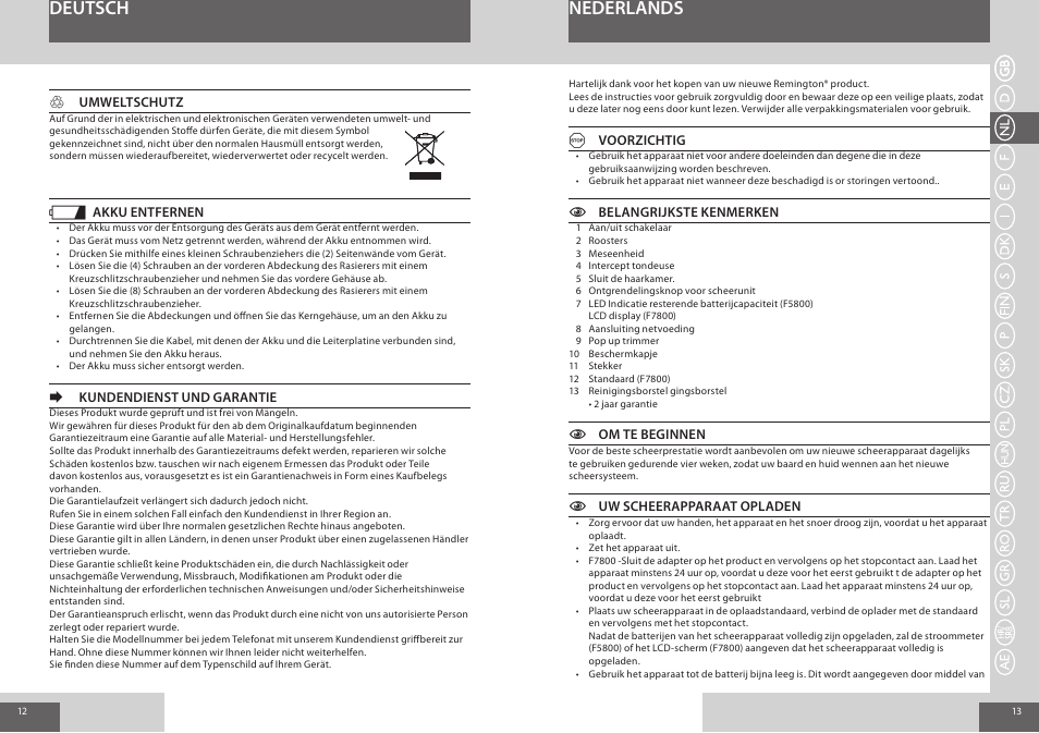 Deutsch nederlands | Remington F7800 User Manual | Page 7 / 60