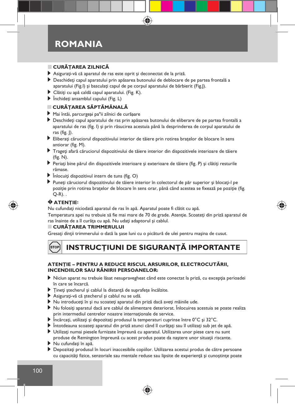 Romania, Instrucţiuni de siguranţă importante | Remington R7130 User Manual | Page 102 / 129
