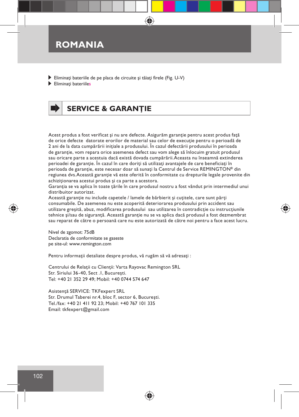 Romania, Service & garanţie | Remington R7130 User Manual | Page 104 / 129