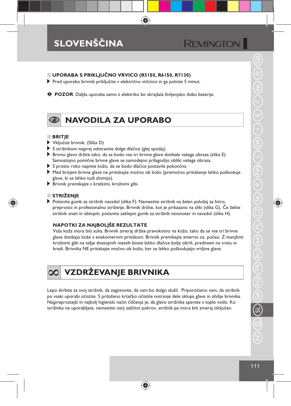Slovenščina, Navodila za uporabo, Vzdrževanje brivnika | Remington R7130 User Manual | Page 113 / 129