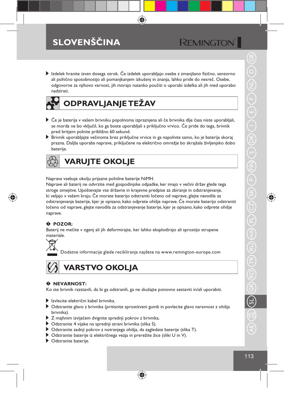 Slovenščina, Odpravljanje težav, Varujte okolje | Varstvo okolja | Remington R7130 User Manual | Page 115 / 129