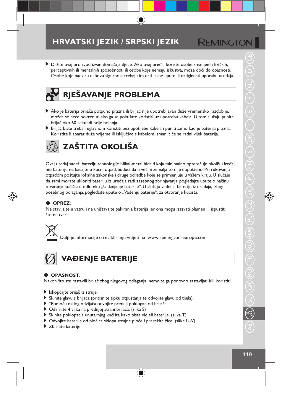 Rješavanje problema, Zaštita okoliša, Vađenje baterije | Hrvatski jezik / srpski jezik | Remington R7130 User Manual | Page 121 / 129