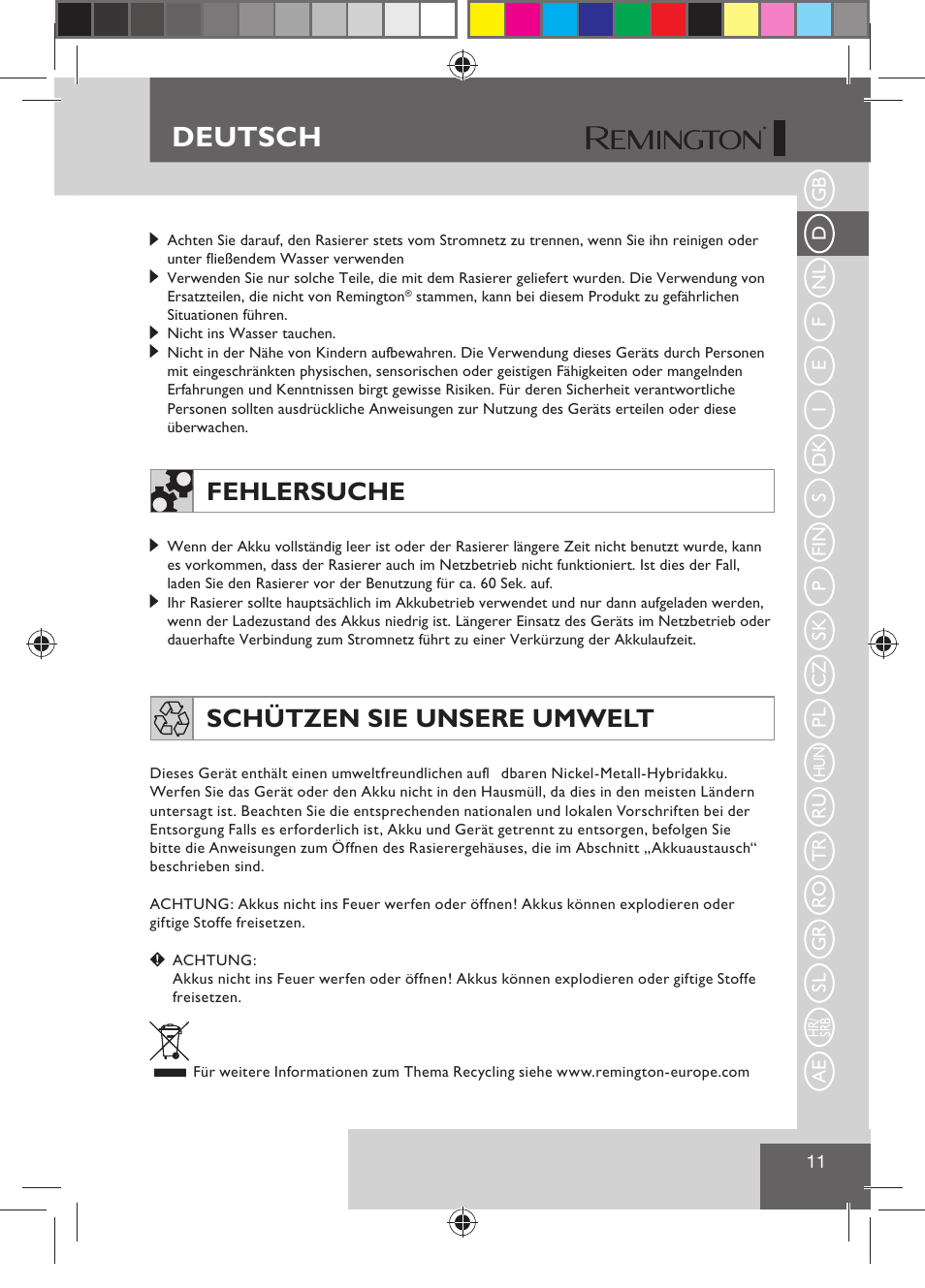 Deutsch, Fehlersuche, Schützen sie unsere umwelt | Remington R7130 User Manual | Page 13 / 129