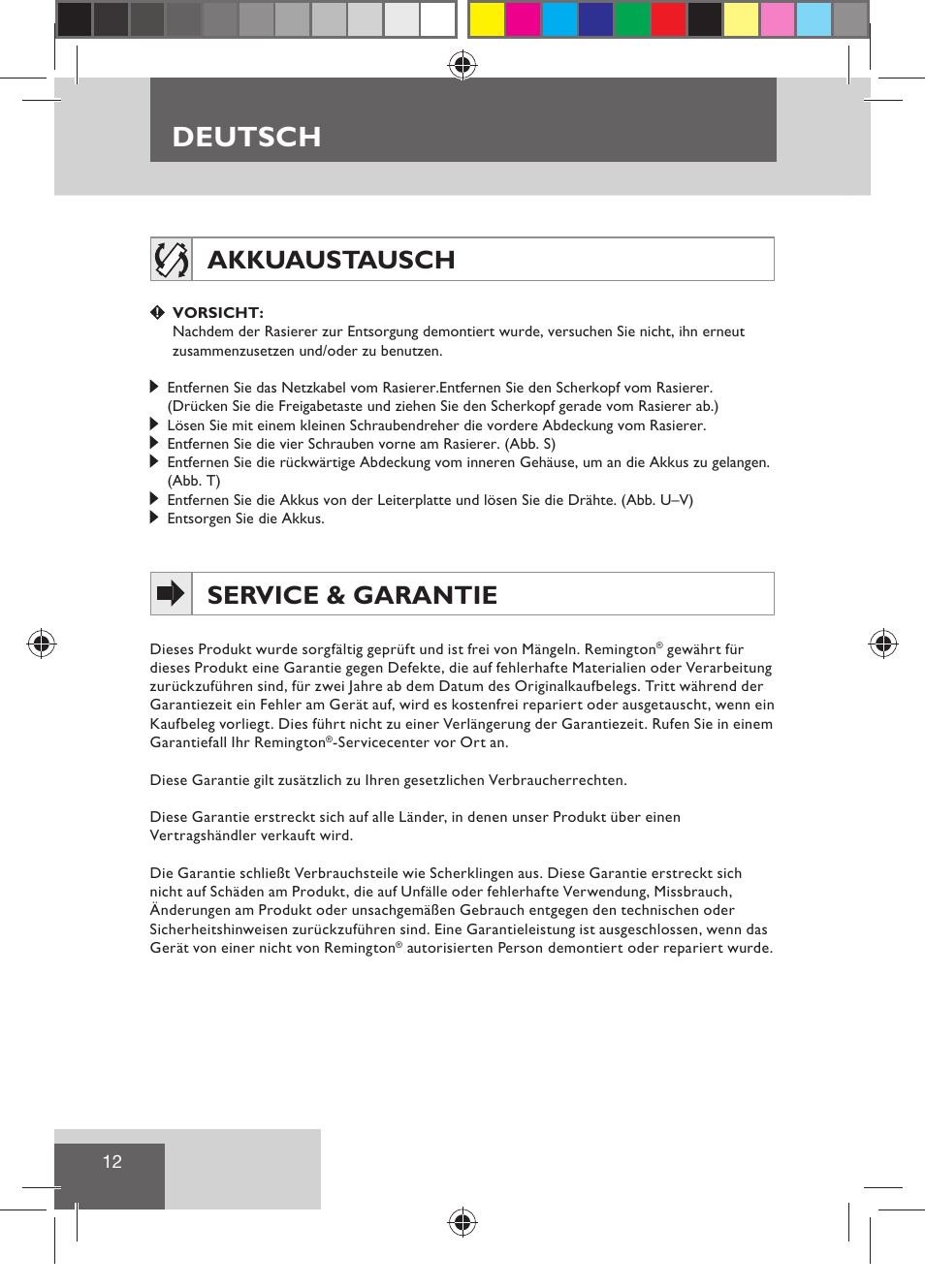 Deutsch, Akkuaustausch, Service & garantie | Remington R7130 User Manual | Page 14 / 129