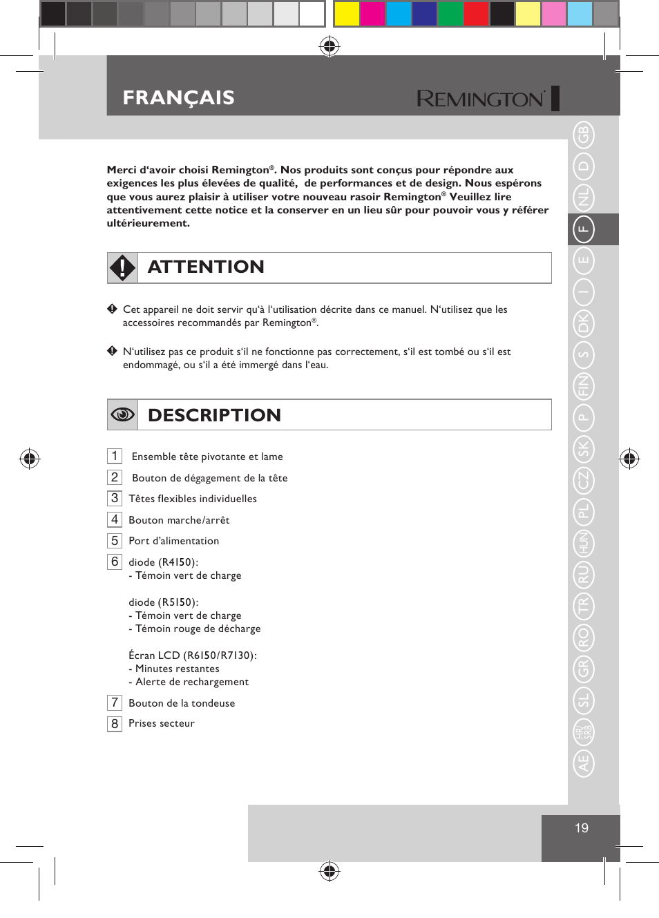 Français, Attention, Description | Remington R7130 User Manual | Page 21 / 129