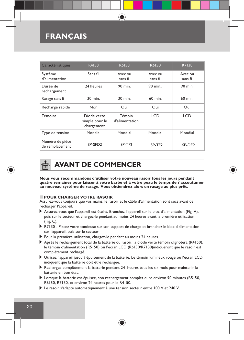 Français, Avant de commencer | Remington R7130 User Manual | Page 22 / 129