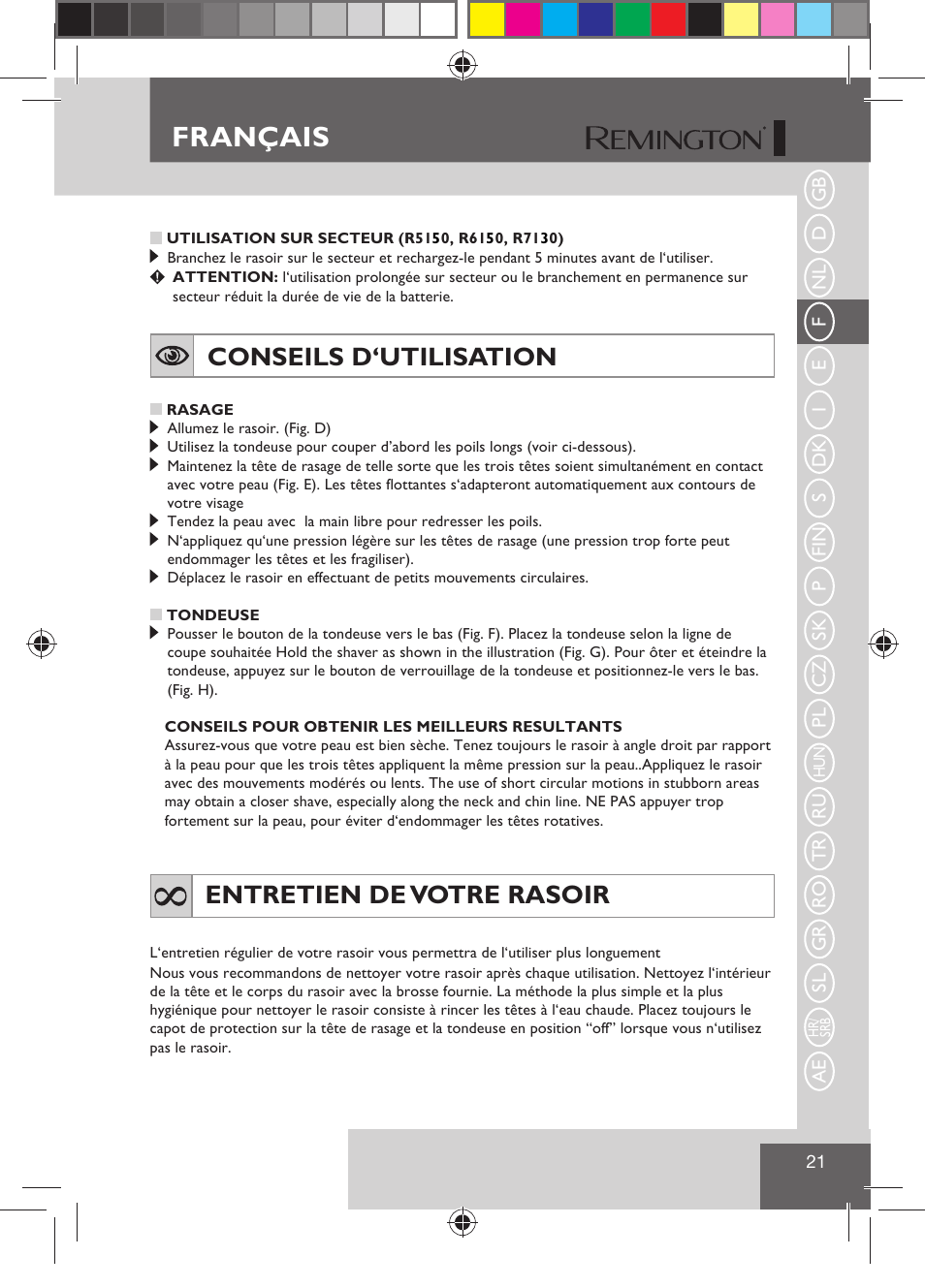 Français, Conseils d‘utilisation, Entretien de votre rasoir | Remington R7130 User Manual | Page 23 / 129