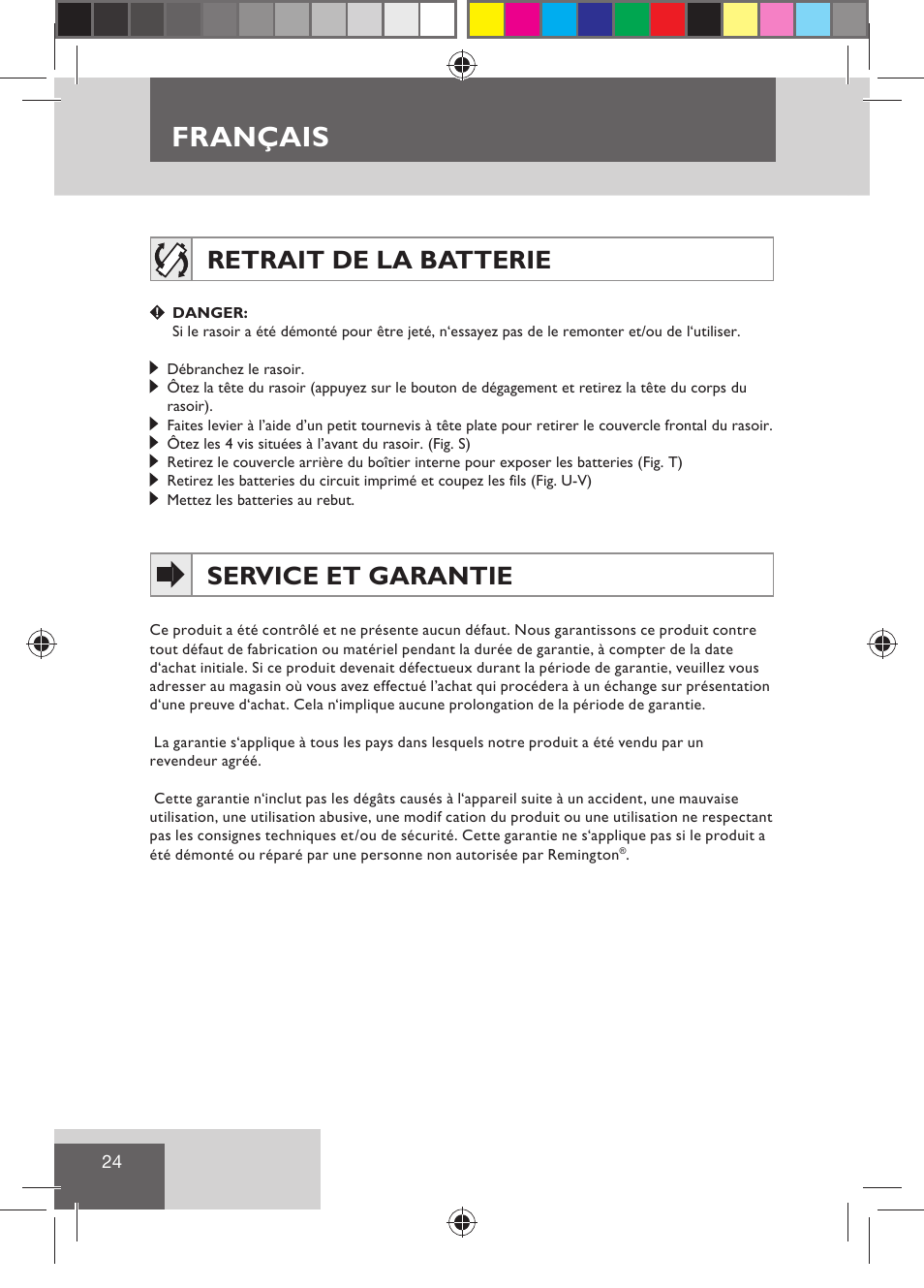 Français, Retrait de la batterie, Service et garantie | Remington R7130 User Manual | Page 26 / 129