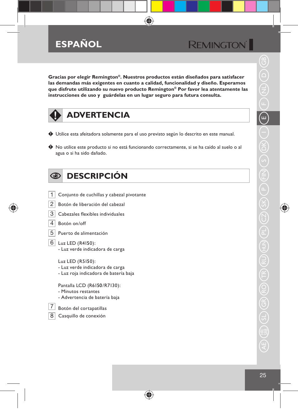 Español, Advertencia, Descripción | Remington R7130 User Manual | Page 27 / 129