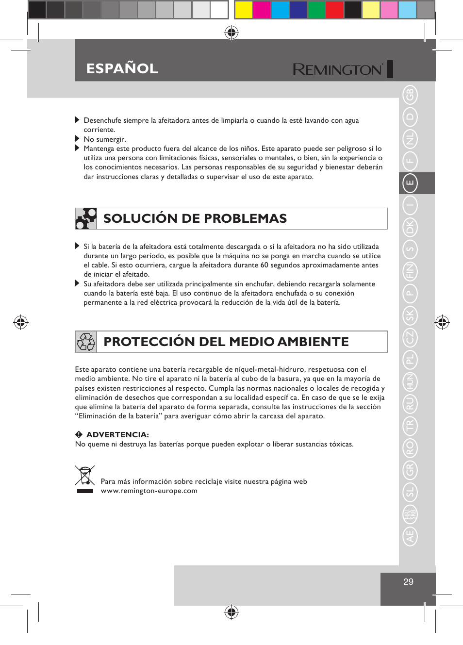 Español, Solución de problemas, Protección del medio ambiente | Remington R7130 User Manual | Page 31 / 129
