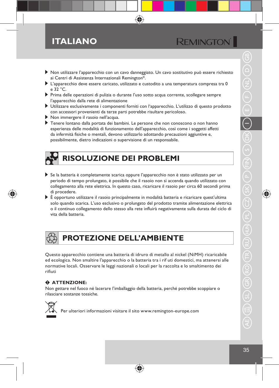 Italiano, Risoluzione dei problemi, Protezione dell’ambiente | Remington R7130 User Manual | Page 37 / 129