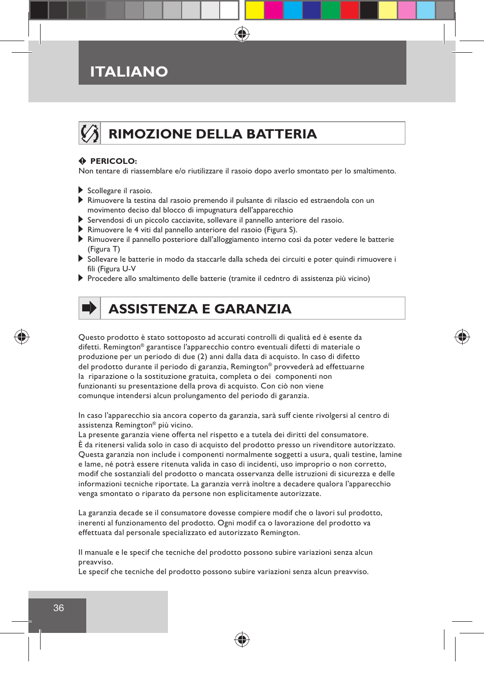 Italiano, Rimozione della batteria, Assistenza e garanzia | Remington R7130 User Manual | Page 38 / 129