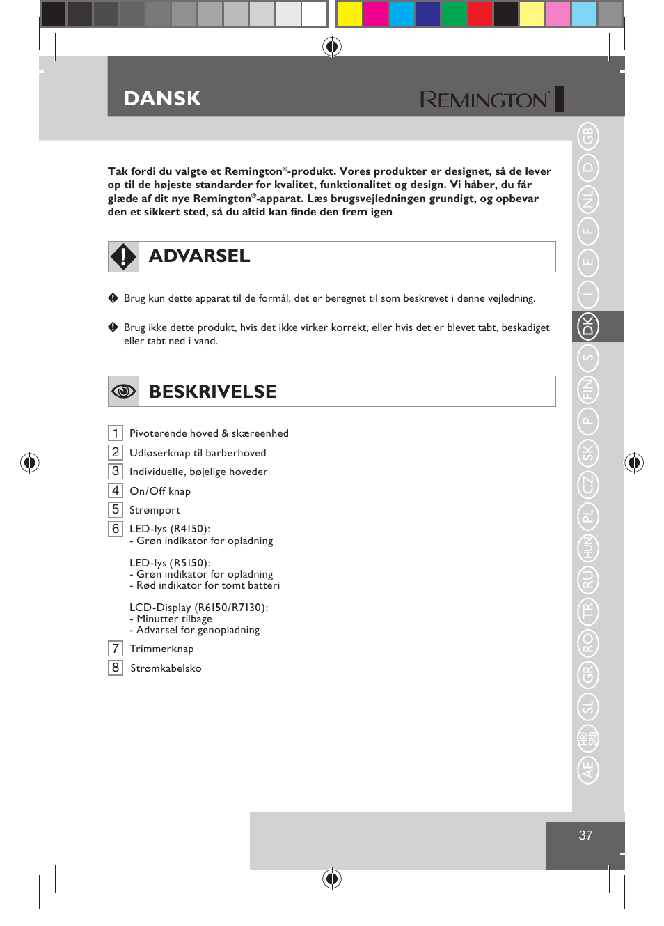 Dansk, Advarsel, Beskrivelse | Remington R7130 User Manual | Page 39 / 129