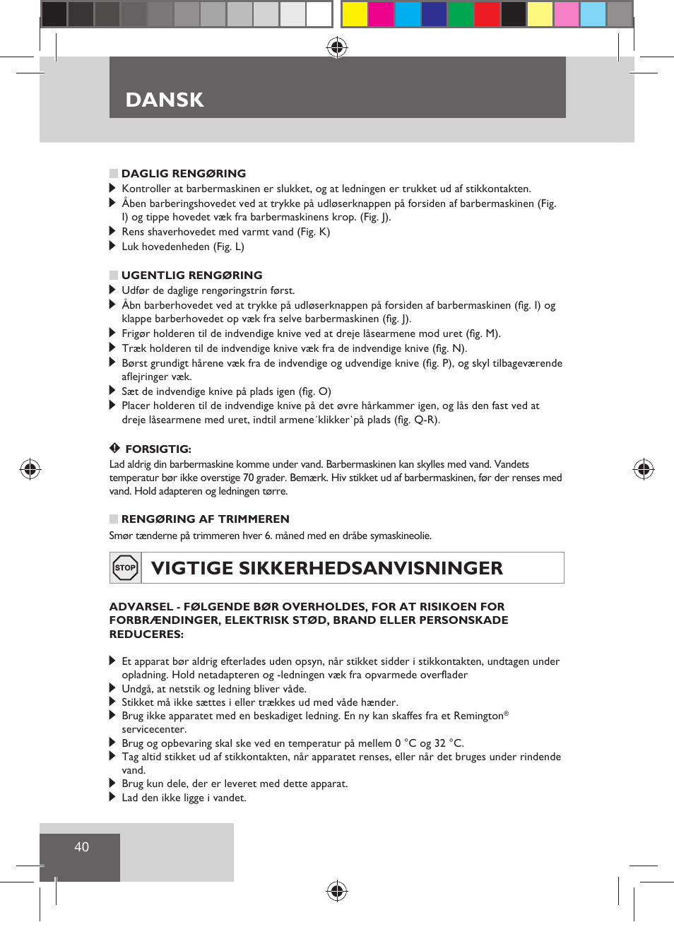 Dansk, Vigtige sikkerhedsanvisninger | Remington R7130 User Manual | Page 42 / 129