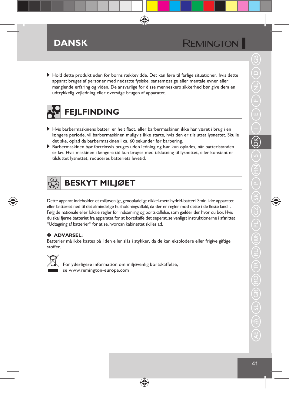 Dansk, Fejlfinding, Beskyt miljøet | Remington R7130 User Manual | Page 43 / 129