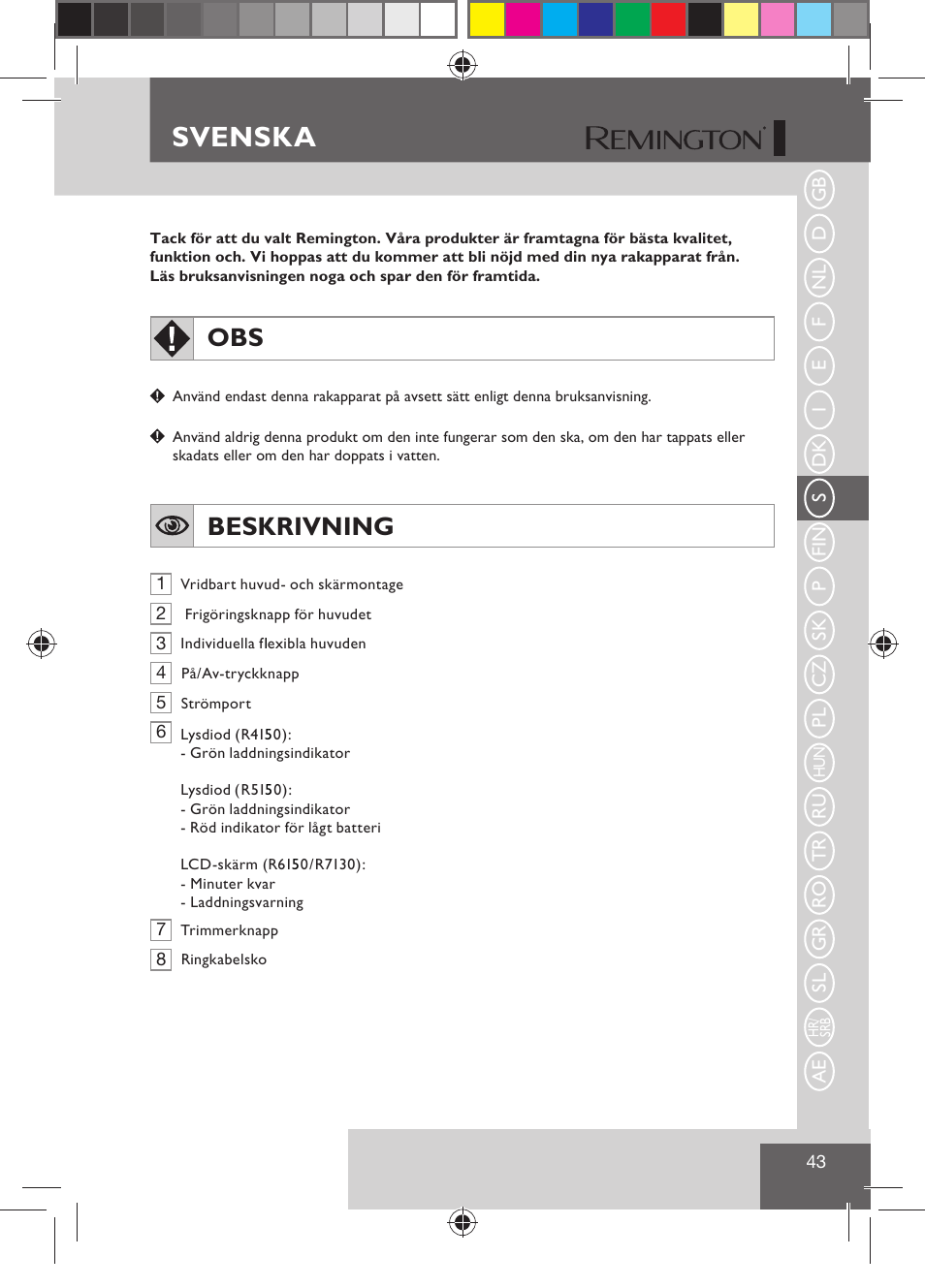 Svenska, Beskrivning | Remington R7130 User Manual | Page 45 / 129
