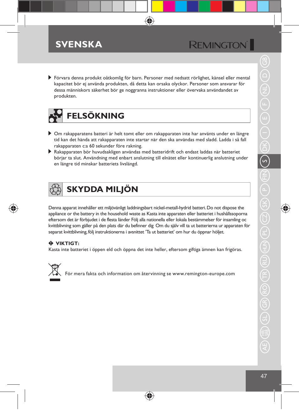 Svenska, Felsökning, Skydda miljön | Remington R7130 User Manual | Page 49 / 129