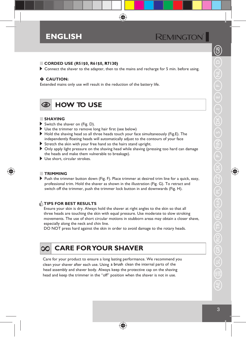 English, How to use, Care for your shaver | Remington R7130 User Manual | Page 5 / 129
