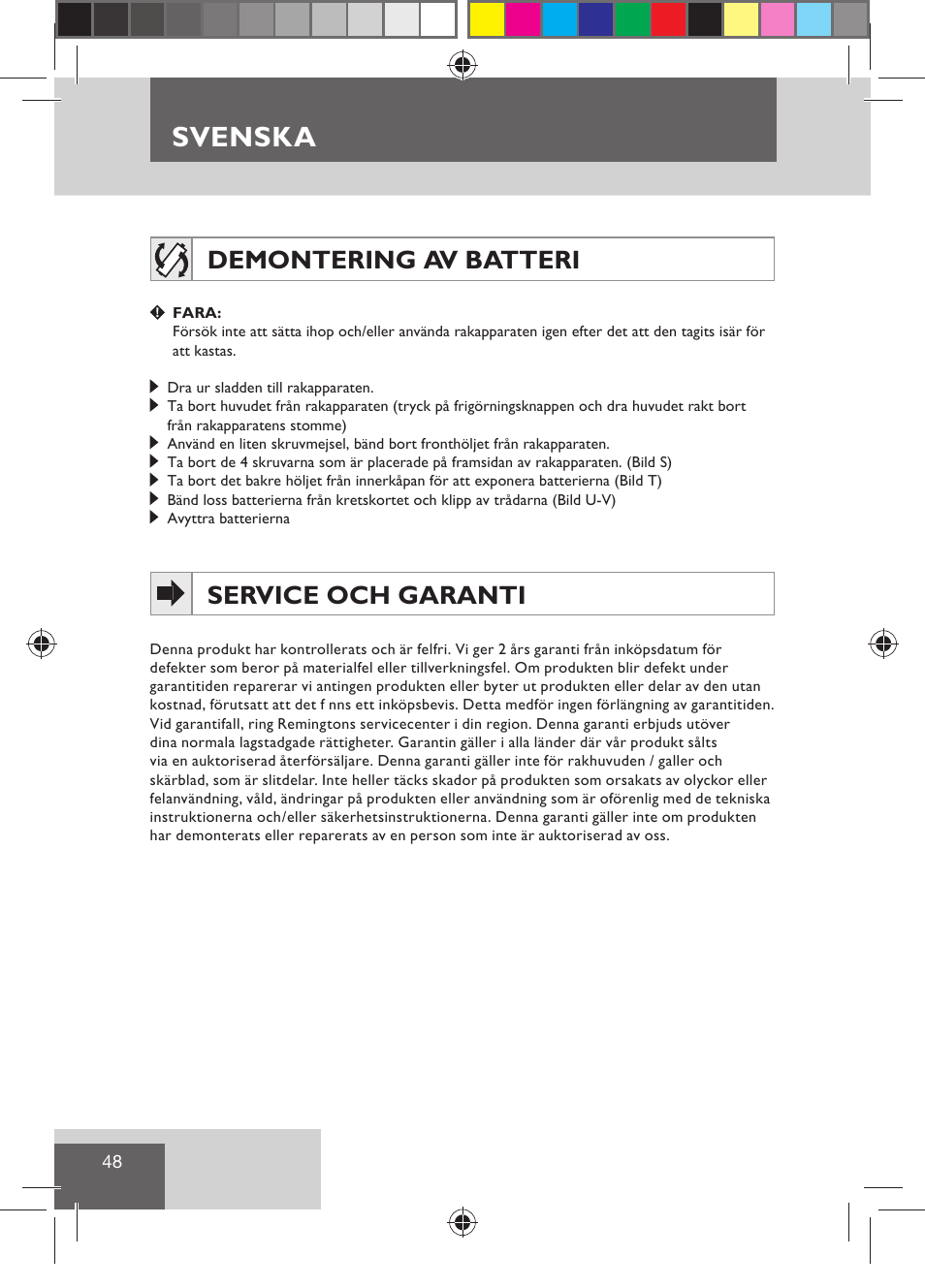 Svenska, Demontering av batteri, Service och garanti | Remington R7130 User Manual | Page 50 / 129