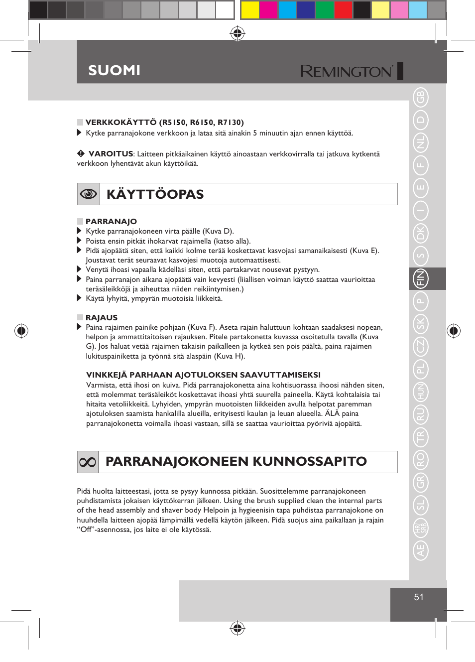 Suomi, Käyttöopas, Parranajokoneen kunnossapito | Remington R7130 User Manual | Page 53 / 129