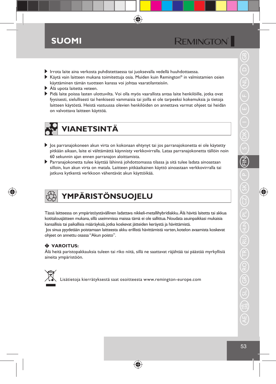 Suomi, Vianetsintä, Ympäristönsuojelu | Remington R7130 User Manual | Page 55 / 129