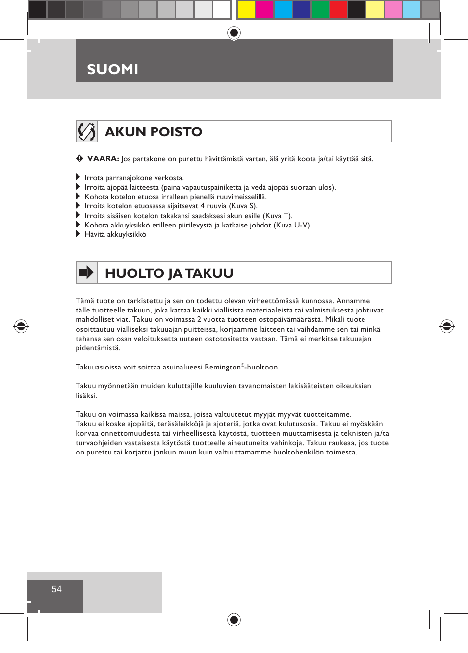 Suomi, Akun poisto, Huolto ja takuu | Remington R7130 User Manual | Page 56 / 129