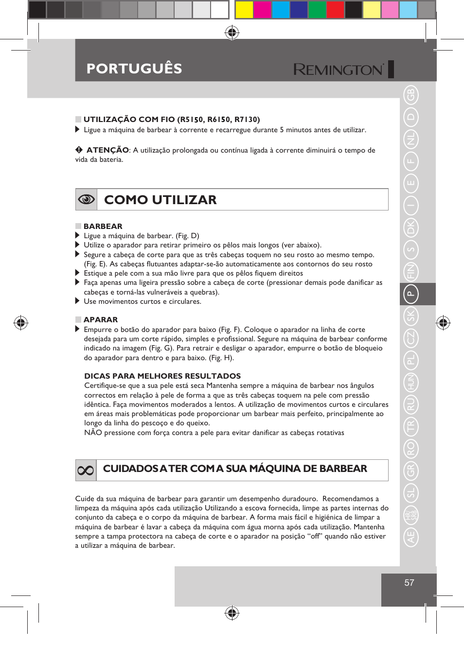 Português, Como utilizar | Remington R7130 User Manual | Page 59 / 129