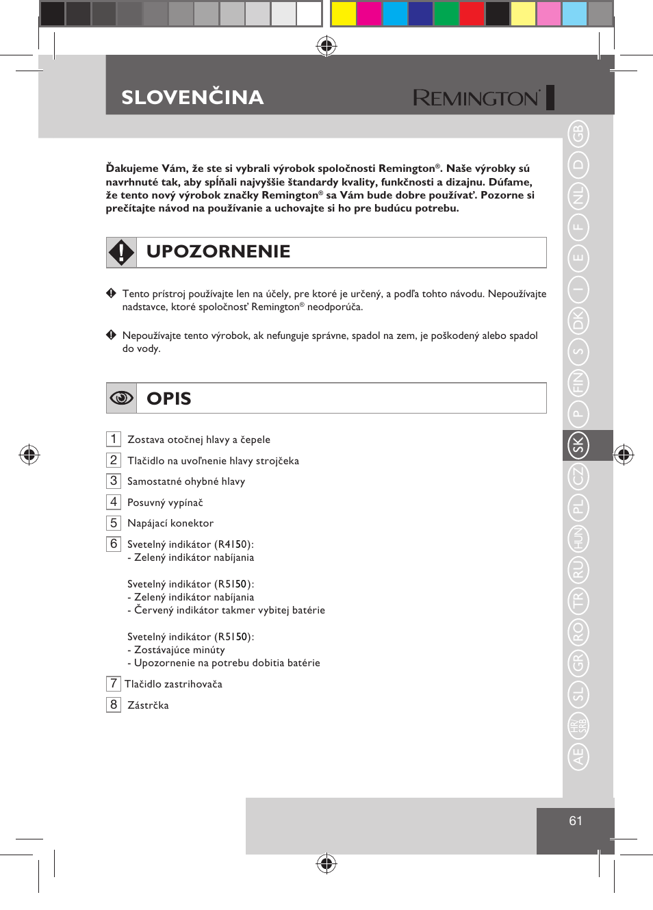 Slovenčina, Upozornenie, Opis | Remington R7130 User Manual | Page 63 / 129