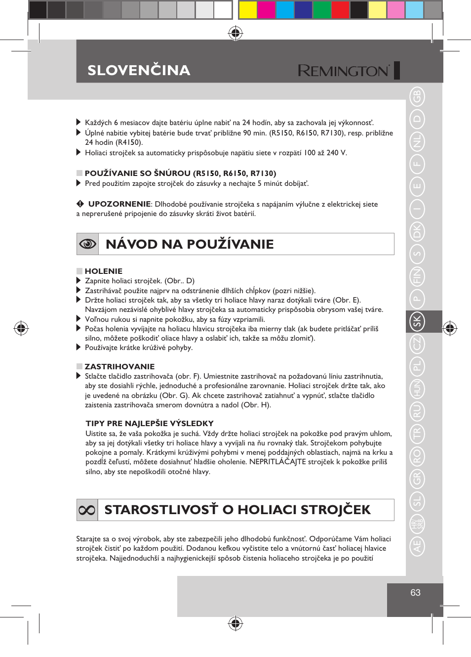 Slovenčina, Návod na používanie, Starostlivosť o holiaci strojček | Remington R7130 User Manual | Page 65 / 129