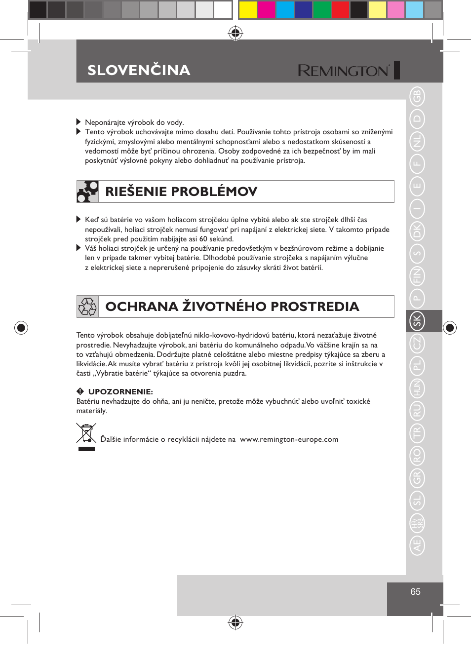 Slovenčina, Riešenie problémov, Ochrana živ otného prostredia | Remington R7130 User Manual | Page 67 / 129
