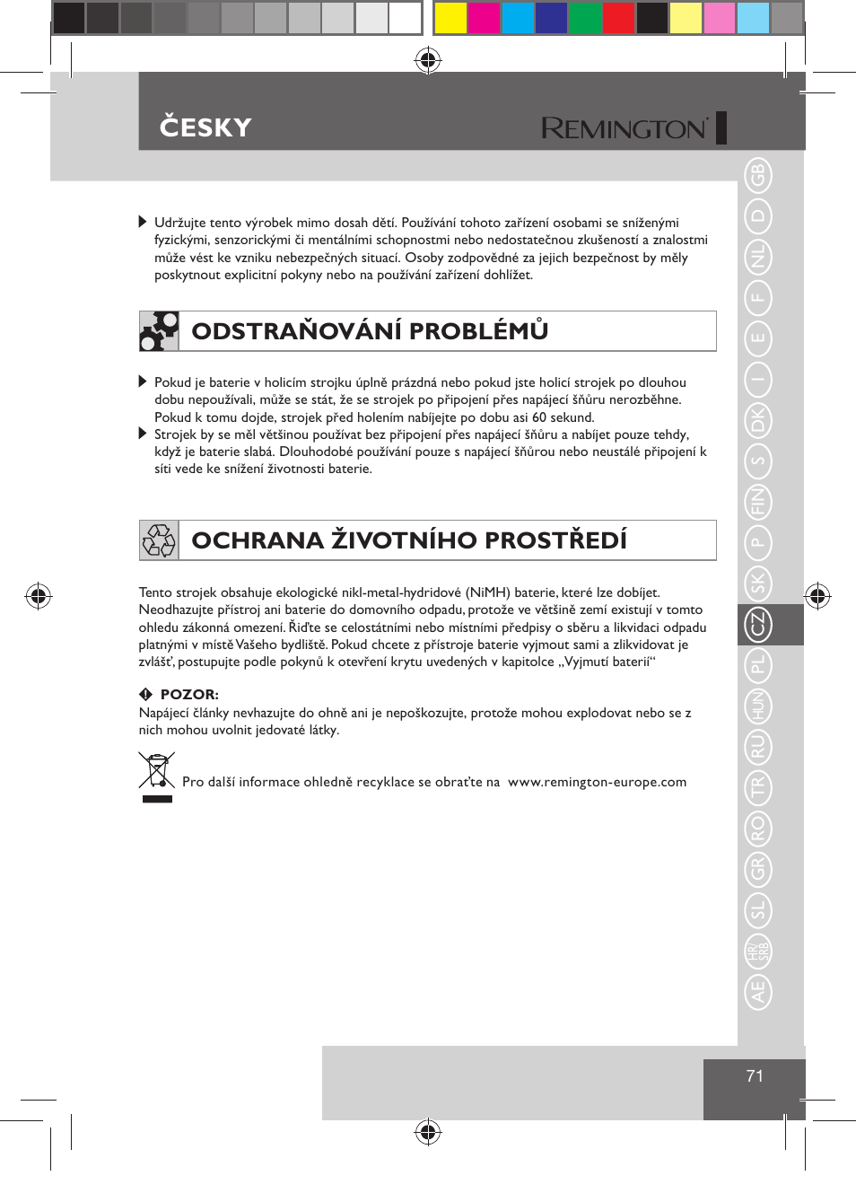 Česky, Odstraňování problémů, Ochrana životního prostředí | Remington R7130 User Manual | Page 73 / 129