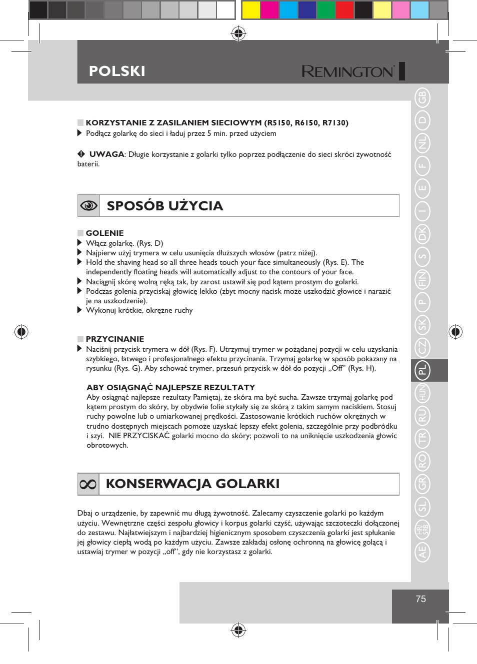 Polski, Sposób użycia, Konserwacja golarki | Remington R7130 User Manual | Page 77 / 129