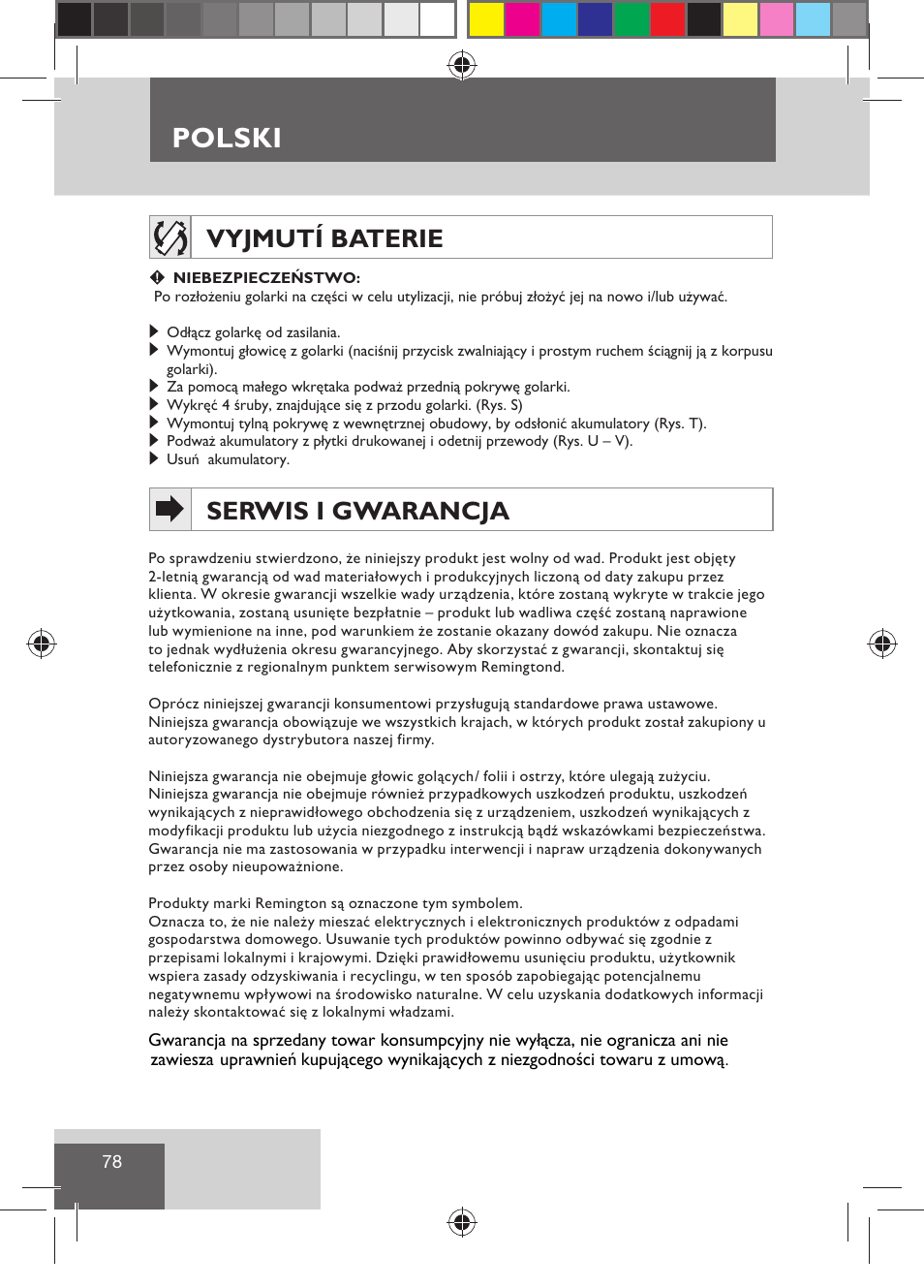 Polski, Vyjmutí baterie, Serwis i gwarancja | Remington R7130 User Manual | Page 80 / 129