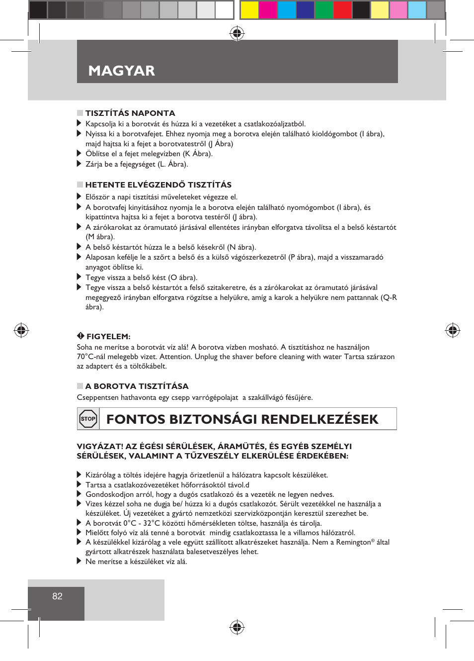 Magyar, Fontos biztonsági rendelkezések | Remington R7130 User Manual | Page 84 / 129