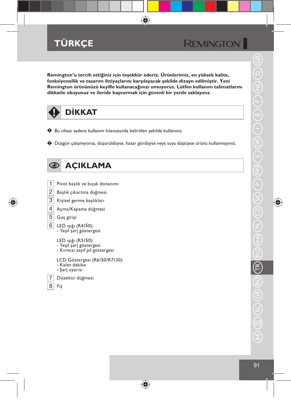 Türkçe, Dikkat, Açiklama | Remington R7130 User Manual | Page 93 / 129