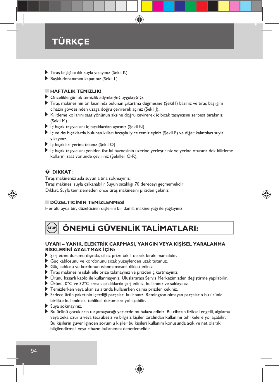 Türkçe, Önemli güvenlik talimatlari | Remington R7130 User Manual | Page 96 / 129