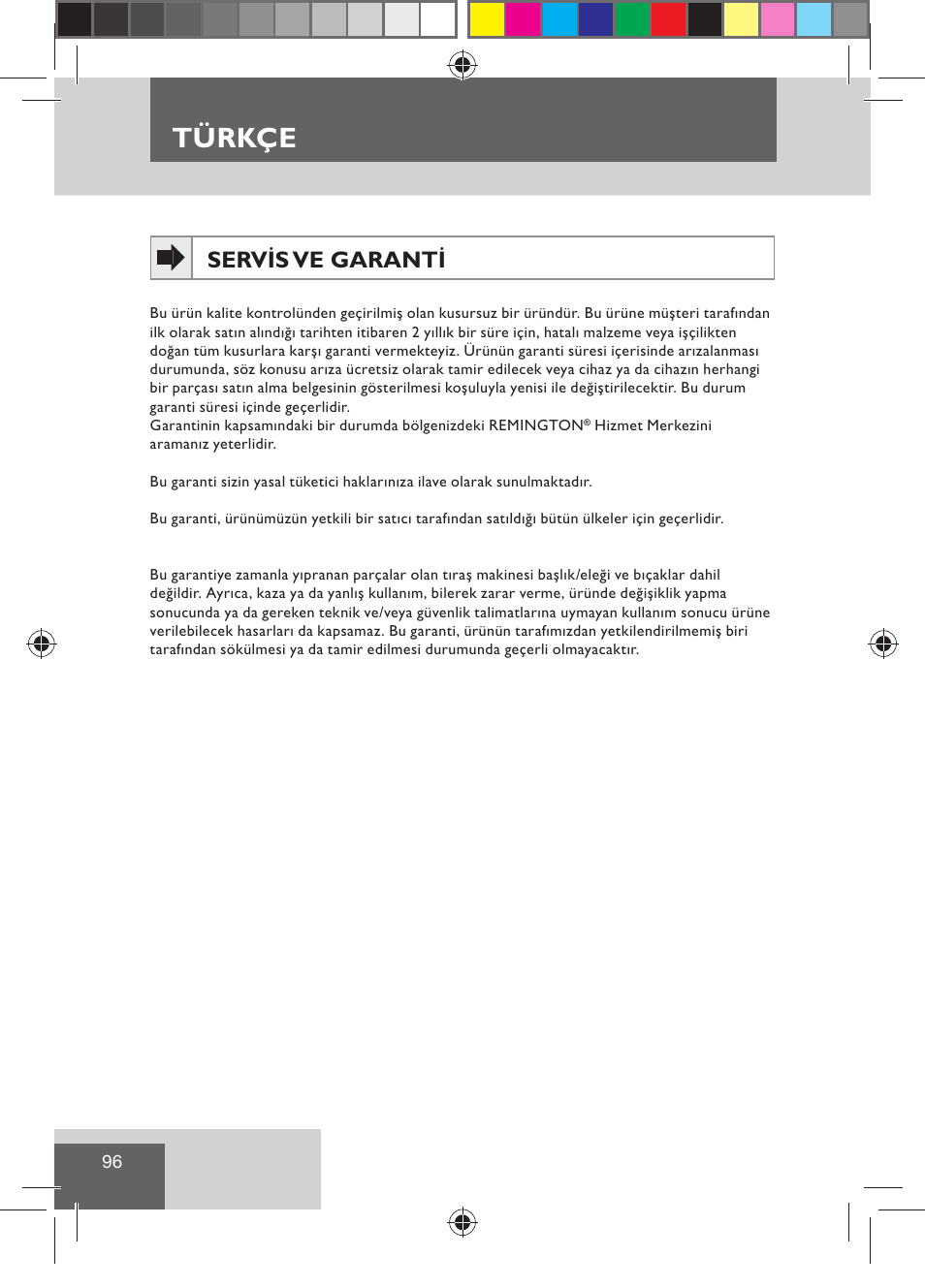 Türkçe, Servis ve garanti | Remington R7130 User Manual | Page 98 / 129