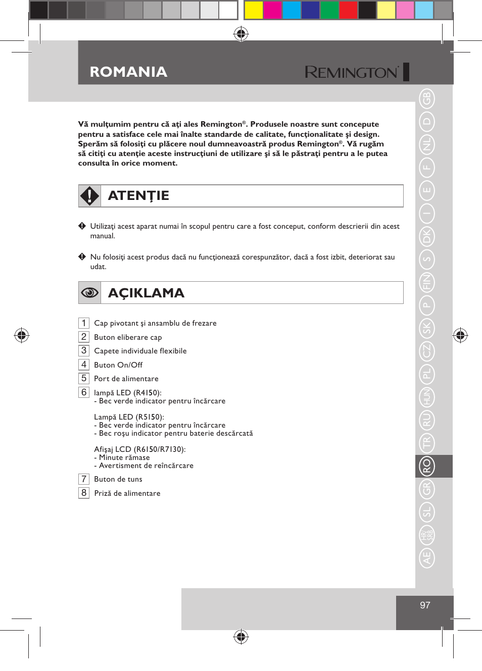 Romania, Atenţie, Açiklama | Remington R7130 User Manual | Page 99 / 129