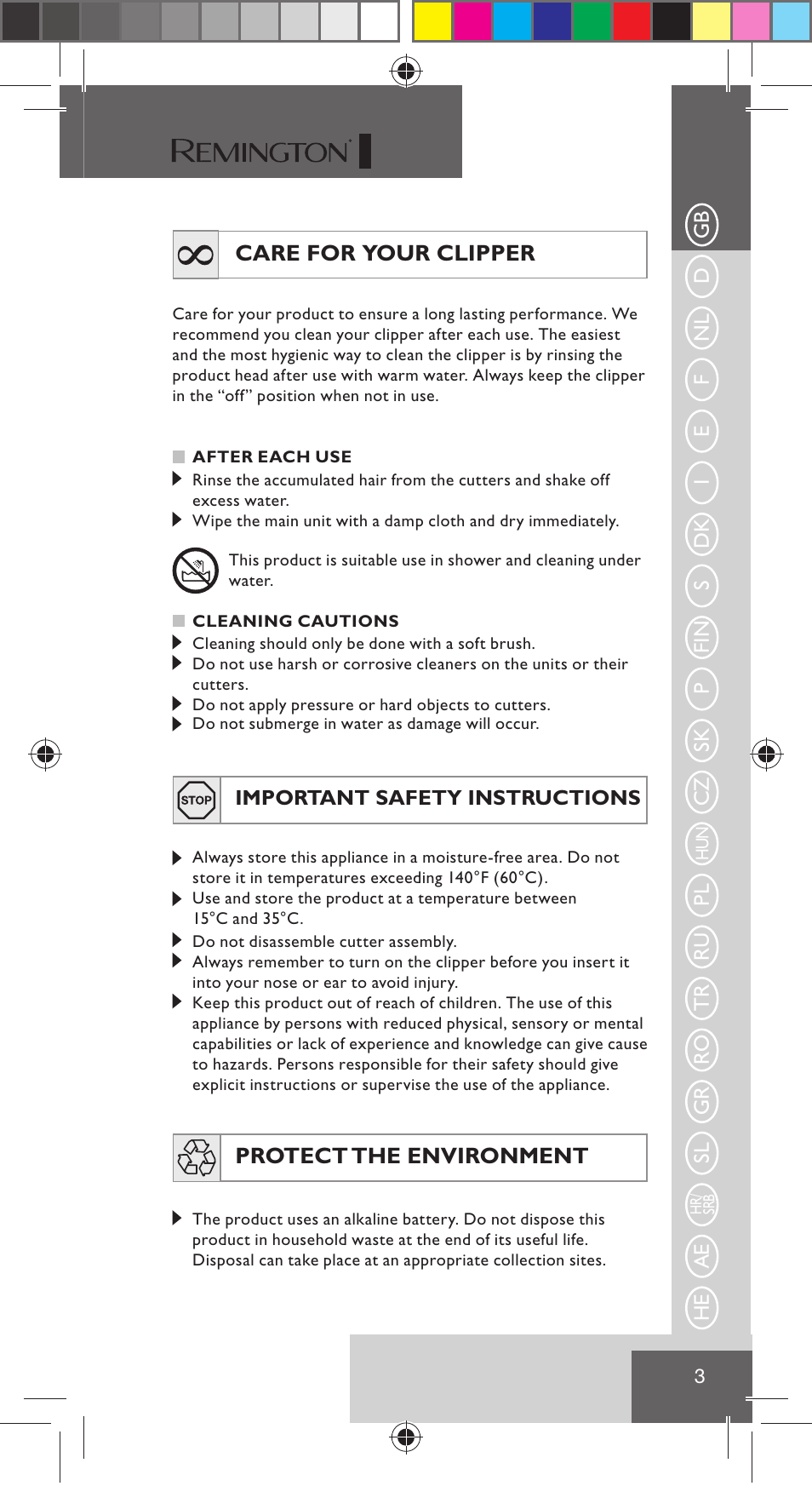 Care for your clipper, Protect the environment | Remington NE3350 User Manual | Page 10 / 96
