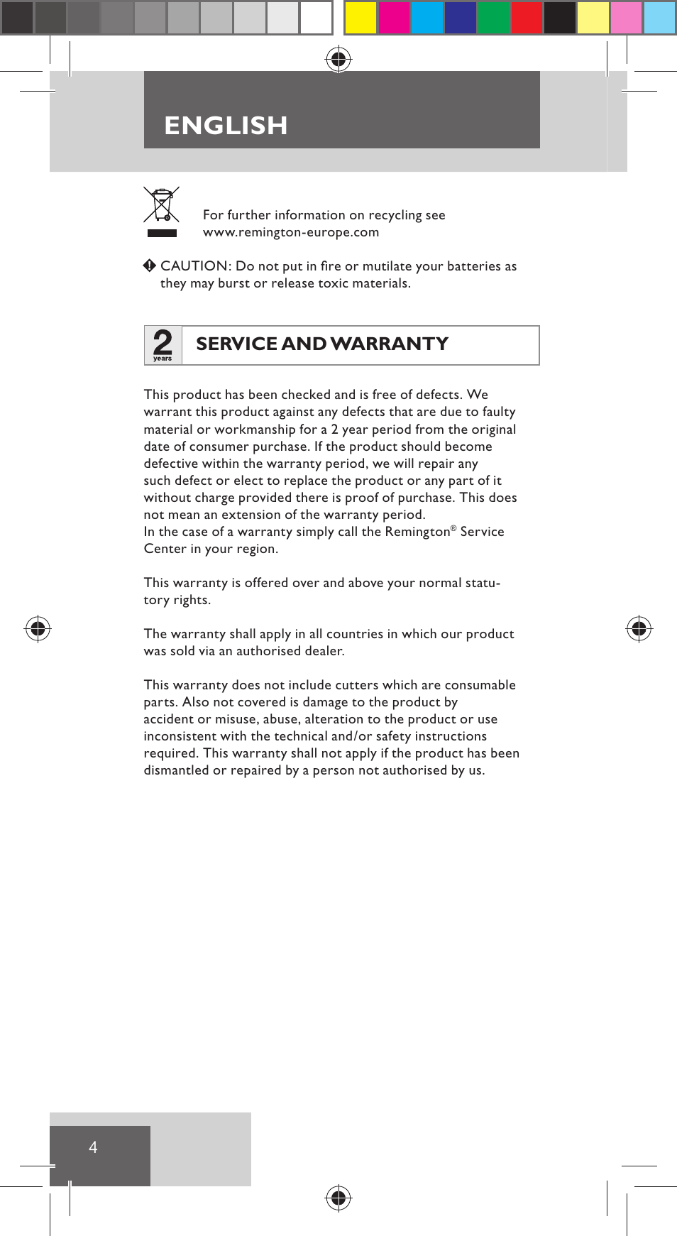English, Service and warranty | Remington NE3350 User Manual | Page 11 / 96