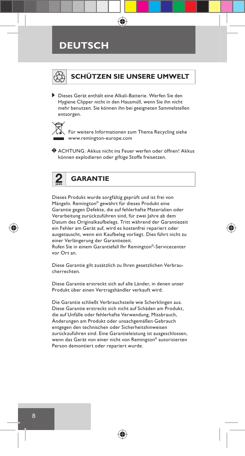Deutsch, Schützen sie unsere umwelt, Garantie | Remington NE3350 User Manual | Page 15 / 96