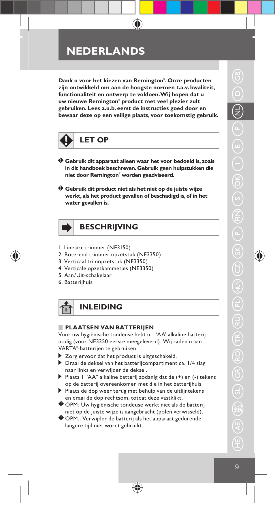 Nederlands, Let op, Beschrijving | Inleiding | Remington NE3350 User Manual | Page 16 / 96