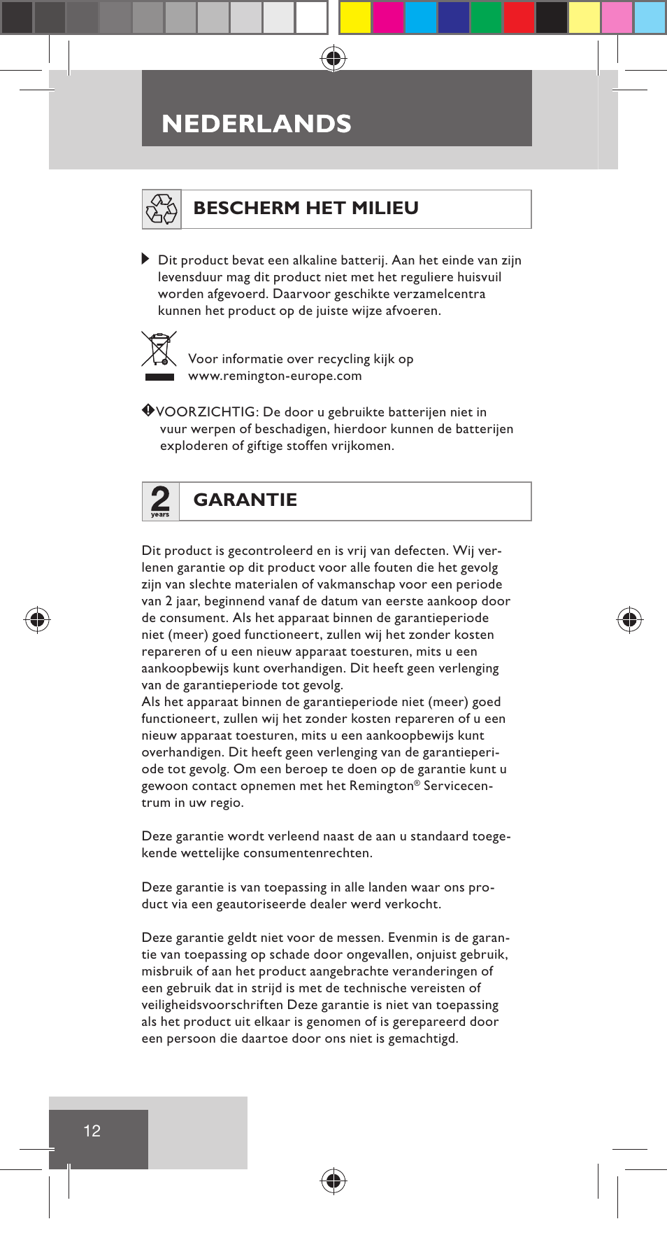 Nederlands, Bescherm het milieu, Garantie | Remington NE3350 User Manual | Page 19 / 96