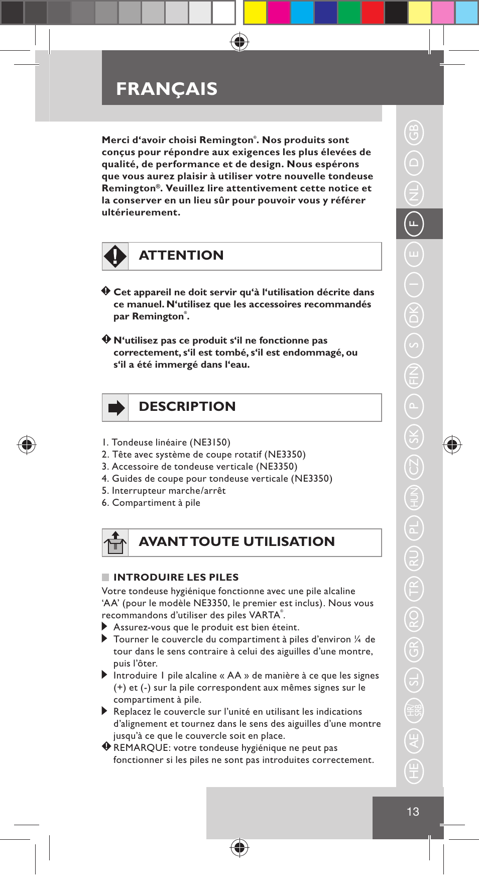 Français, Attention, Description | Avant toute utilisation | Remington NE3350 User Manual | Page 20 / 96