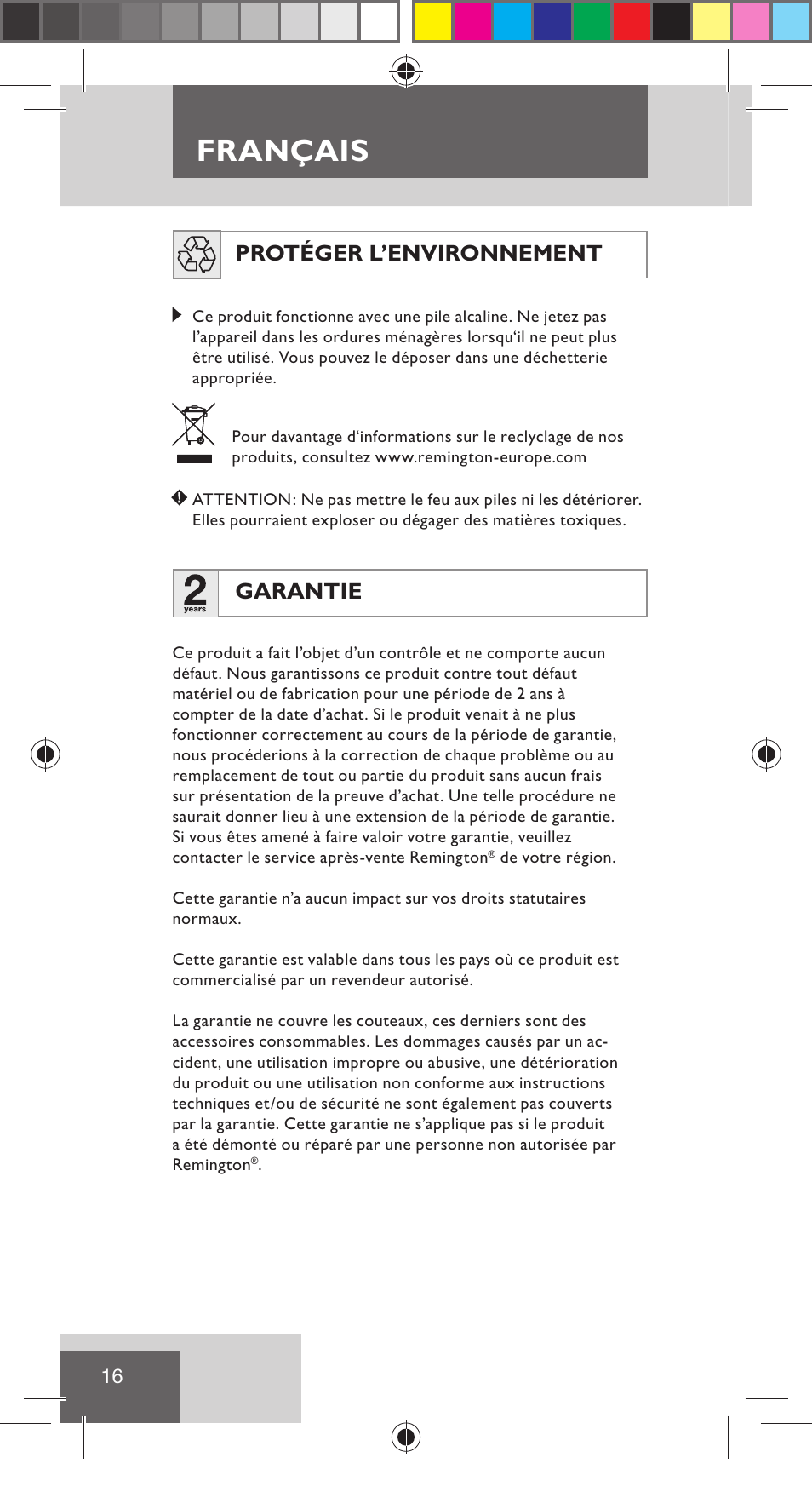 Français, Protéger l’environnement, Garantie | Remington NE3350 User Manual | Page 23 / 96
