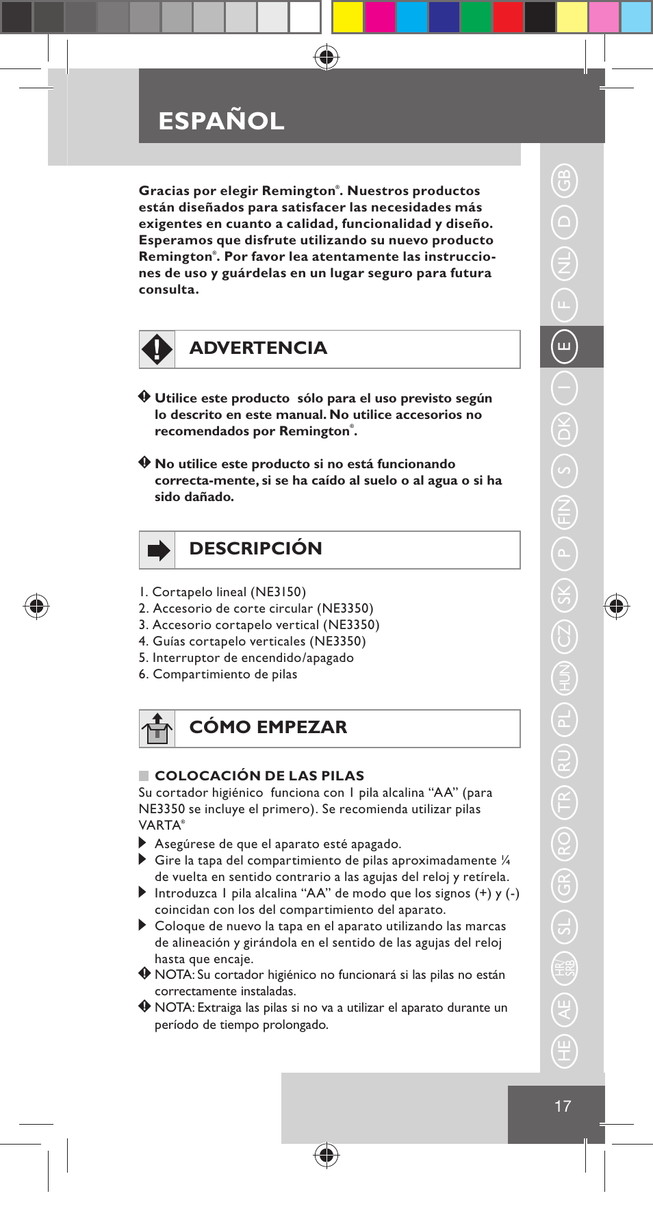Español, Advertencia, Descripción | Cómo empezar | Remington NE3350 User Manual | Page 24 / 96